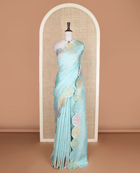 Bright yellow Matka silk saree features meena motifs, scallop swan and floral thread border