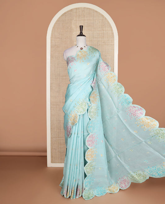 Bright yellow Matka silk saree features meena motifs, scallop swan and floral thread border