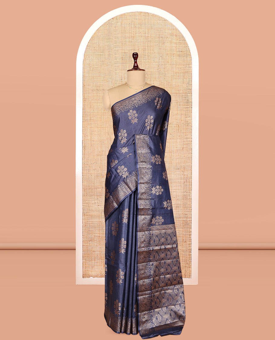 Navy Blue Tusser Silk Saree, Elevated with Zari Buttas, a Zari Border, Grand Pallu, and a Matching Blouse