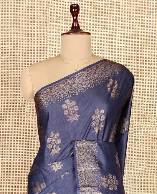 Navy Blue Tusser Silk Saree, Elevated with Zari Buttas, a Zari Border, Grand Pallu, and a Matching Blouse