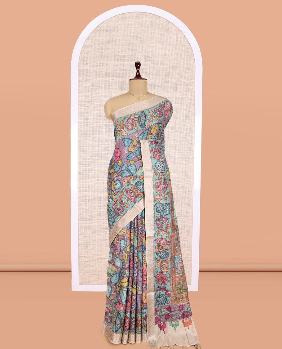 Lavender Kalamkari Printed Fancy Tussar Saree