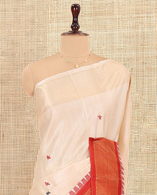 Sandal Tussar Saree, Finely Crafted with Warli Buttas, a Contrast Temple Border, Warli-Themed Thread-Woven Pallu, and a Contrast Blouse