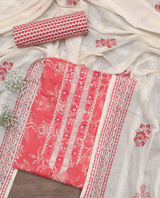 Peach material chudidar set, floral print with embroidered top, printed bottom and floral motifs printed dupatta