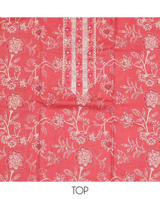 Peach material chudidar set, floral print with embroidered top, printed bottom and floral motifs printed dupatta