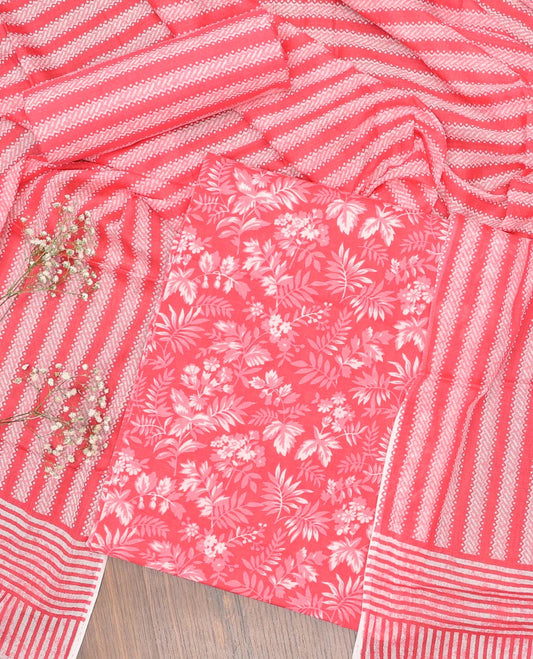 Pink chudidhar material set floral design top with geometric design bottom & geomentric design, floral design dupatta