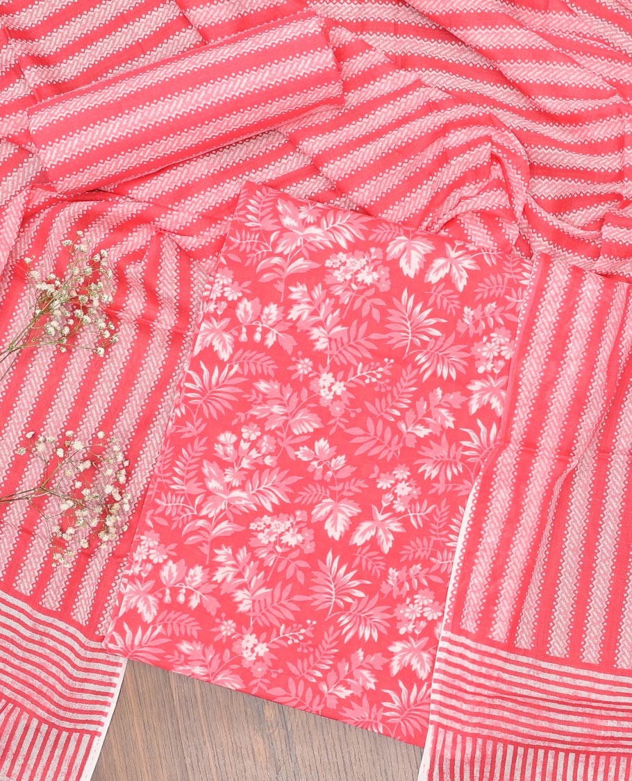 Pink chudidhar material set floral design top with geometric design bottom & geomentric design, floral design dupatta
