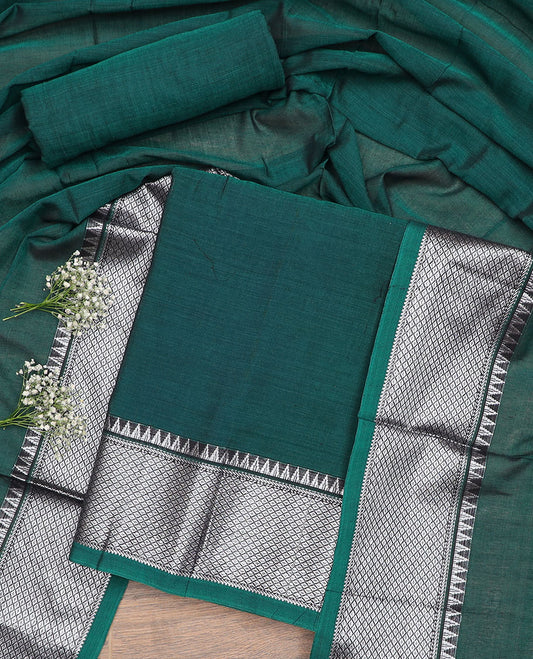 Bottle green checked, temple design chudidhar material top with plain bottom & plain, zari design border dupatta