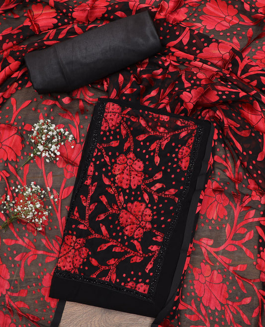 Black material chudidar set, red floral vine print with black micro stone neck work top, plain bottom and floral vine printed dupatta