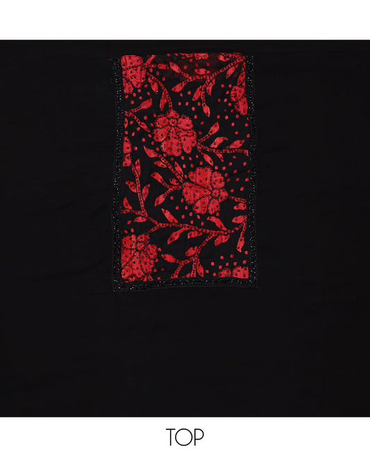 Black material chudidar set, red floral vine print with black micro stone neck work top, plain bottom and floral vine printed dupatta