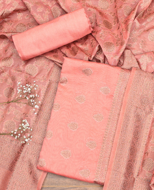 Peach Material Churidar Set, Sparsely Woven with Zari Buttas on Its Chanderi Silk Top, a Plain Bottom, and Floral Jaal Dupatta