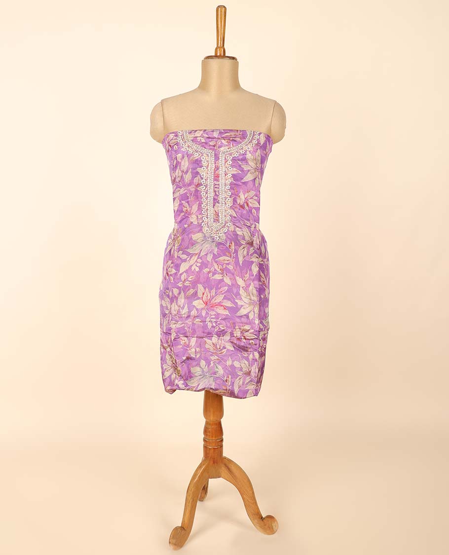 Purple material chudidhar set, floral print & embroidered top, plain bottom & buttas dupatta
