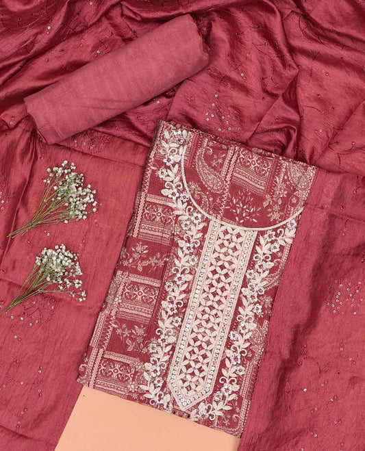 Maroon chudidhar material set floral thread embroidered top with plain bottom & sequins embroidered dupatta