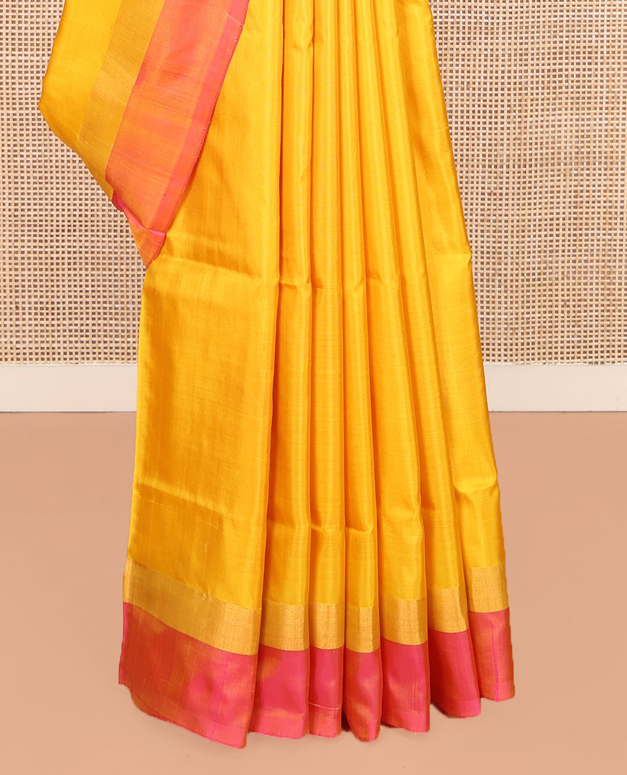 Yellow Plain Uppada Silk Saree, Complemented by a Contrast Plain Border, Plain Pallu, and Paired with a Contrast Blouse