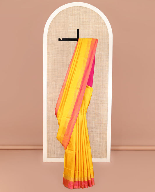 Yellow Plain Uppada Silk Saree, Complemented by a Contrast Plain Border, Plain Pallu, and Paired with a Contrast Blouse