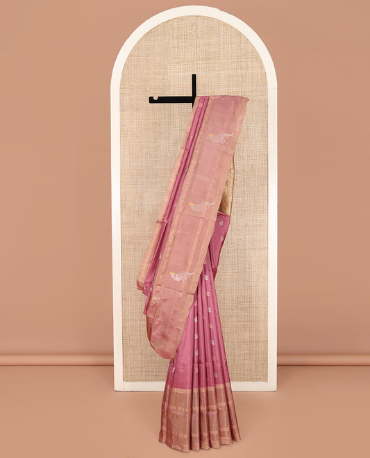 Pink Uppada Silk Saree, Adorned with Zari Buttas on Its Body, Complemented by a Contrast Border of Stripes and Parrot Designs, Pallu of Rose Butta Enclosed Scallop Designs, and Paired with a Contrast Blouse