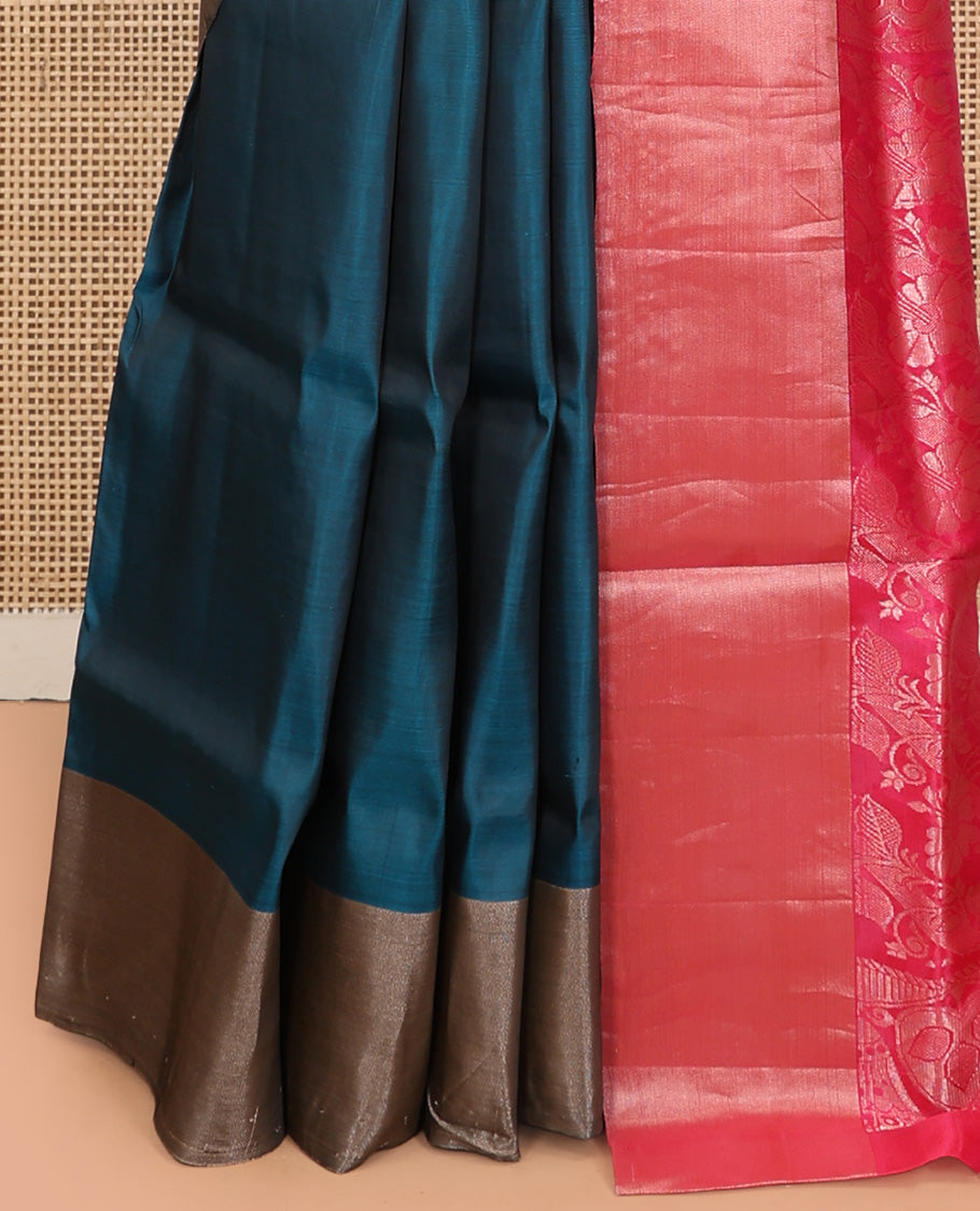 Peacock Blue Uppada Saree, Ornamented with Floral Buttas, a Bavanji Border, Contrast Intricate Pallu, and a Contrast Blouse