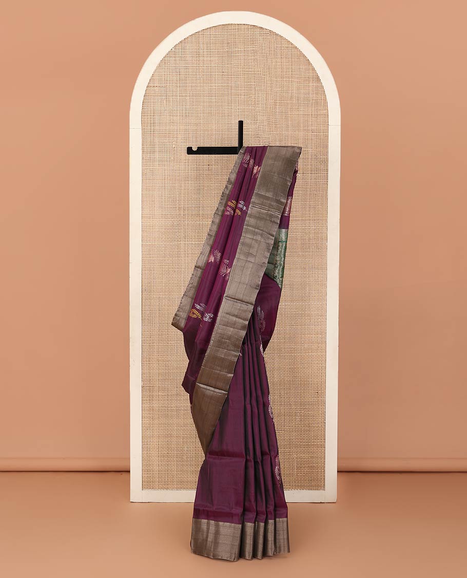 Purple floral zari buttas Uppada saree, contrast bavanji border, and intricate pallu