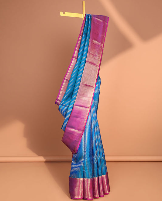 Blue striped vasundhara elite silk saree with contrast intricate zari design border & checked zari design pallu