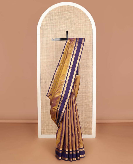 Manthulir color zari buttas Vasundhara silk mix saree, contrast rettai pettu thazampoo rekku zari border & chevron striped pallu