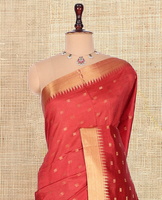 Red Banana Pith Saree, Spotlighted with Buttas, a Zari Temple Border, Striped Pallu, and Matching Blouse