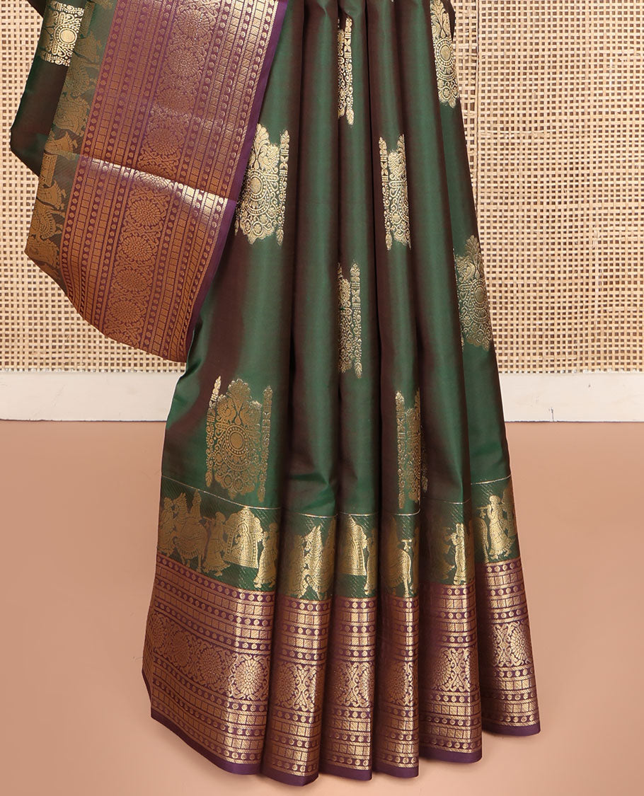 Green Vasundhara Lite Silk Mix Saree, Prettified with Zari Buttas on Its Body, Complemented by a Contrast Wedding-Themed Motifs Woven Border of Geometric Designs, Opulently Embellished Pallu, and Paired with a Contrast Blouse