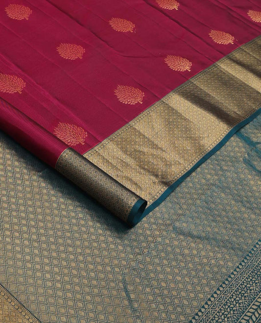 Maroon zari buttas Vasundhara silk mix saree, contrast jaal design border, and zari-rich jaal pallu