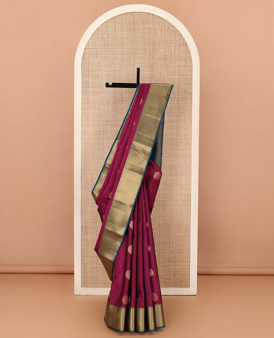 Maroon zari buttas Vasundhara silk mix saree, contrast jaal design border, and zari-rich jaal pallu