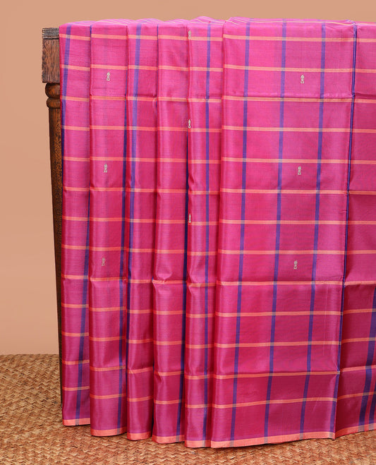 Borderless Pink Banana Pith Saree, Finely Designed with Butta Enclosed Checks All Over Its Body, Complemented by a Contrast Pallu Depicting Stripes and Buttas, and Paired with a Contrast Blouse