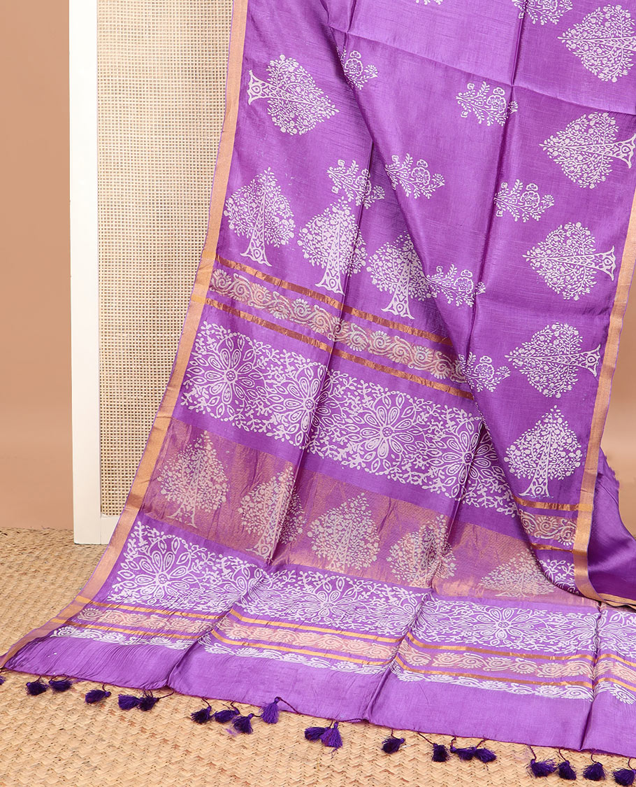 Purple tree motifs printed banana pith saree, zari border, and floral printed pallu