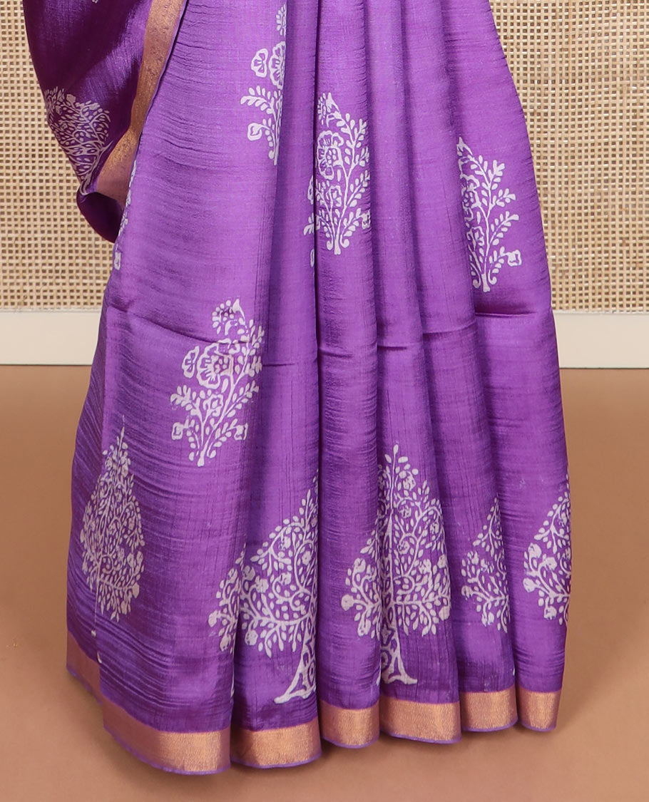 Purple tree motifs printed banana pith saree, zari border, and floral printed pallu