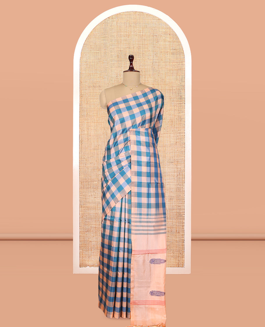 Borderless Multi-Color Checked Banana Pith Saree, Woven with Buttas, a Contrast Pallu of Stripes and Buttas, and a Contrast Blouse
