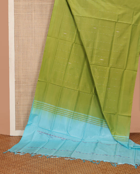 Borderless parrot green buttas banana pith saree, contrast pallu of stripes