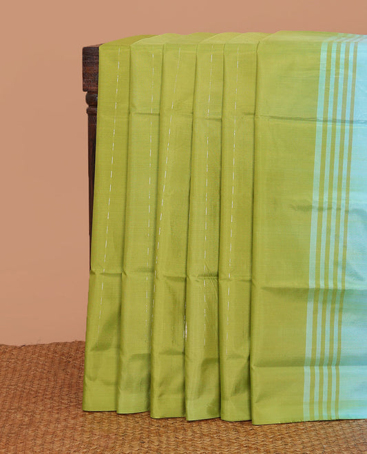 Borderless parrot green buttas banana pith saree, contrast pallu of stripes