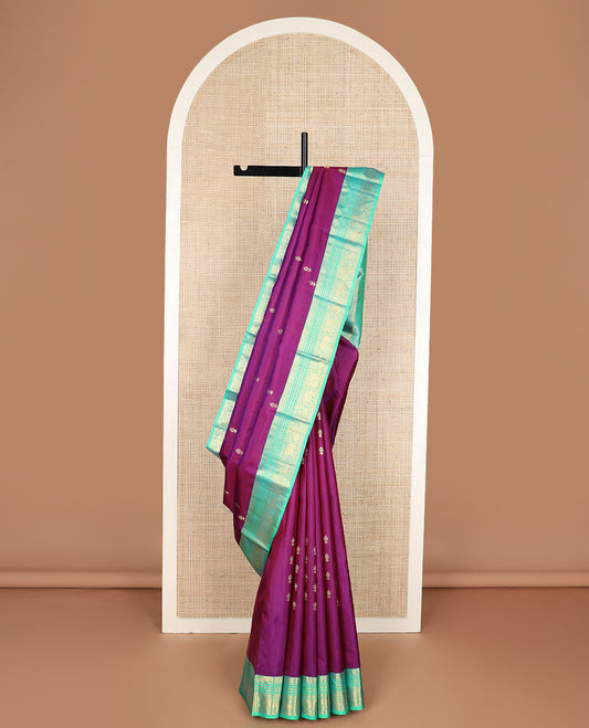 Purple meena zari buttas silk saree, contrast border of yaali,yaanai & mayil & pallu of jaal designs