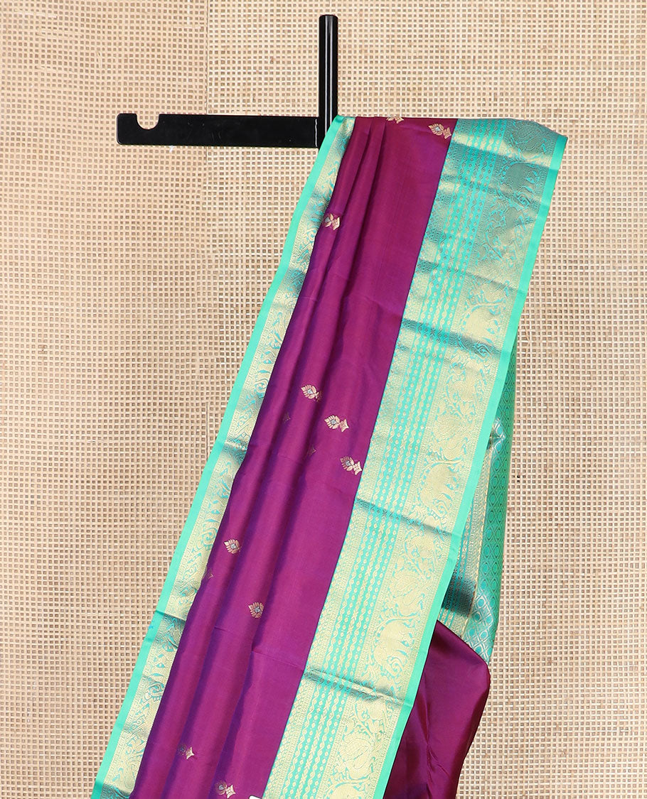 Purple meena zari buttas silk saree, contrast border of yaali,yaanai & mayil & pallu of jaal designs