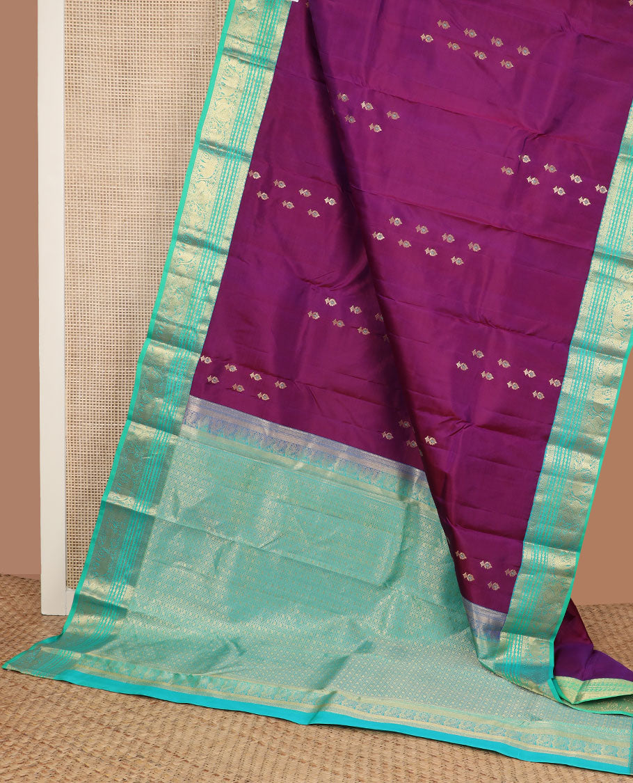 Purple meena zari buttas silk saree, contrast border of yaali,yaanai & mayil & pallu of jaal designs