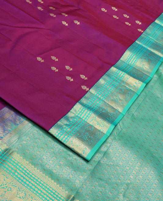 Purple meena zari buttas silk saree, contrast border of yaali,yaanai & mayil & pallu of jaal designs