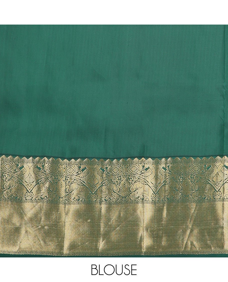 Red zari buttas silk saree, contrast border of rekku, iruthalai pakshi, yaanai, and mayil kann designs, and jaal pallu