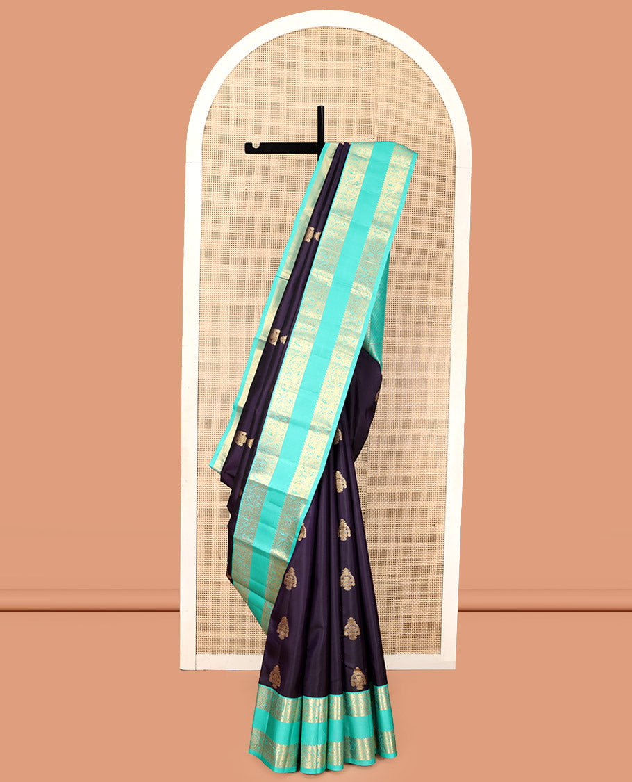 Eggplant Purple Vasundhara Silk Saree, Decorated with Zari Buttas, Complemented by a Contrast Rettai Pettu Mayil-Yaanai Border, Jaal Pallu, and a Contrast Blouse