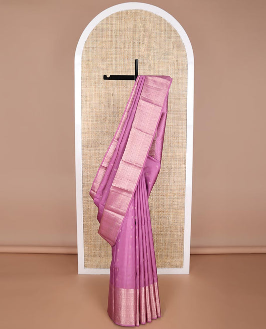 Pink buttas silk saree with self rekku, banaras, muthu, kathir, poo chakram design & jaal design pallu