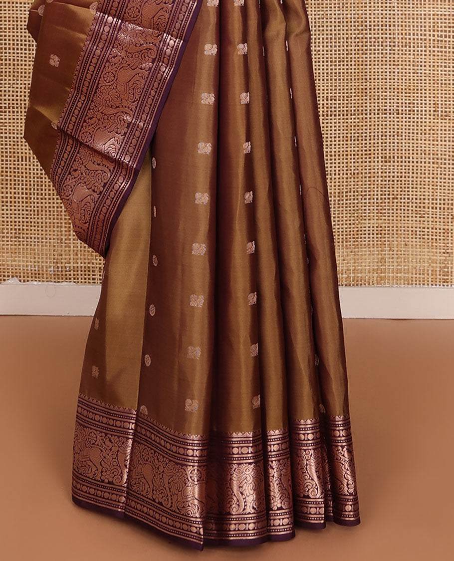 Brown mayil chakram zari buttas silk saree, contrast jaal pallu & border of paisa,muthu,banaras & yaali designs