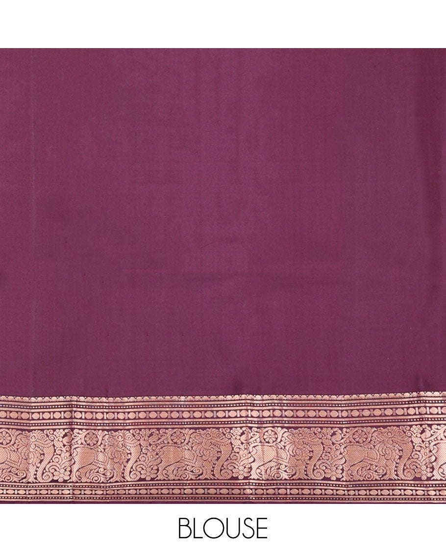 Brown mayil chakram zari buttas silk saree, contrast jaal pallu & border of paisa,muthu,banaras & yaali designs