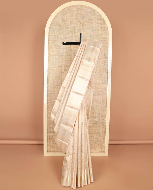 Cream floral vine design kancheepuram silk saree with self border of banaras, checked design border & floral design pallu