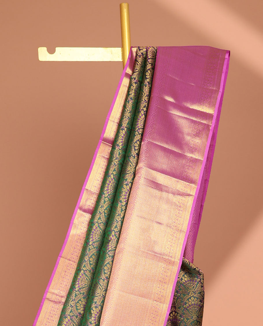 Green jacquard kancheepuram silk saree with contrast zari design border & checked, floral design pallu
