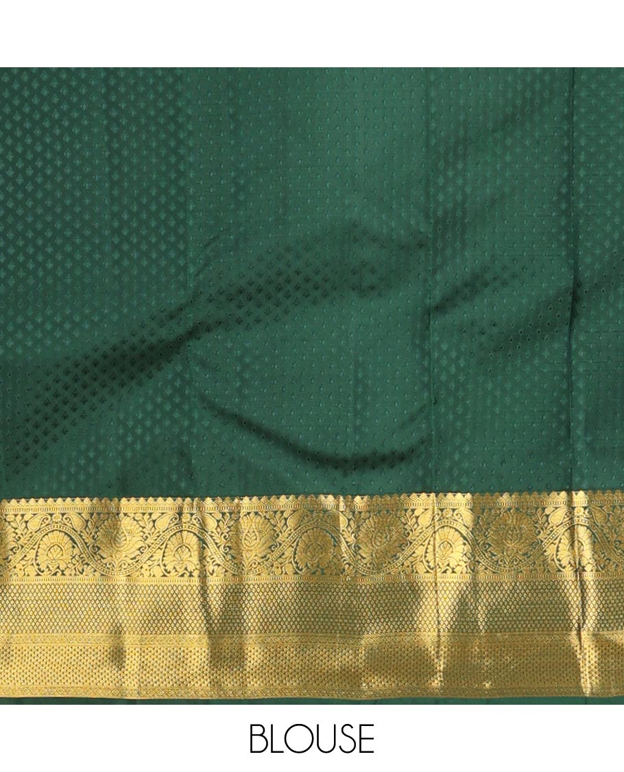 Green jacquard kanchipuram wedding silk saree, zari border of thilakam,muthu,kodi visiry,mayil kann,diamond & ara maadam & jaal pallu