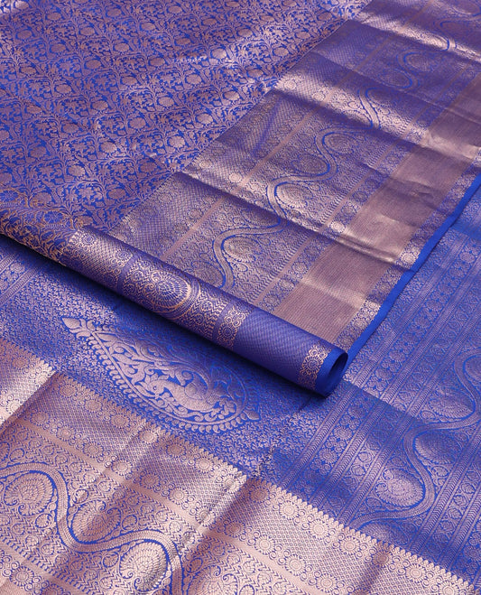 Blue jacquard wedding silk saree, intricate pallu & border of thilakam mokku,mayil kann,kathir & dhavana kodi designs