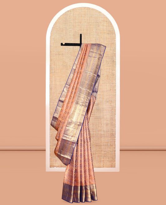 Peach Kanchipuram Wedding Silk Saree, Gracefully Embellished with Jacquard Design, a Contrast Border of Traditional Designs, Grand Pallu, and a Contrast Blouse