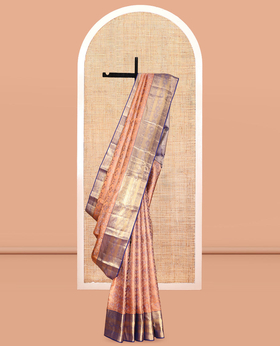 Peach Kanchipuram Wedding Silk Saree, Gracefully Embellished with Jacquard Design, a Contrast Border of Traditional Designs, Grand Pallu, and a Contrast Blouse