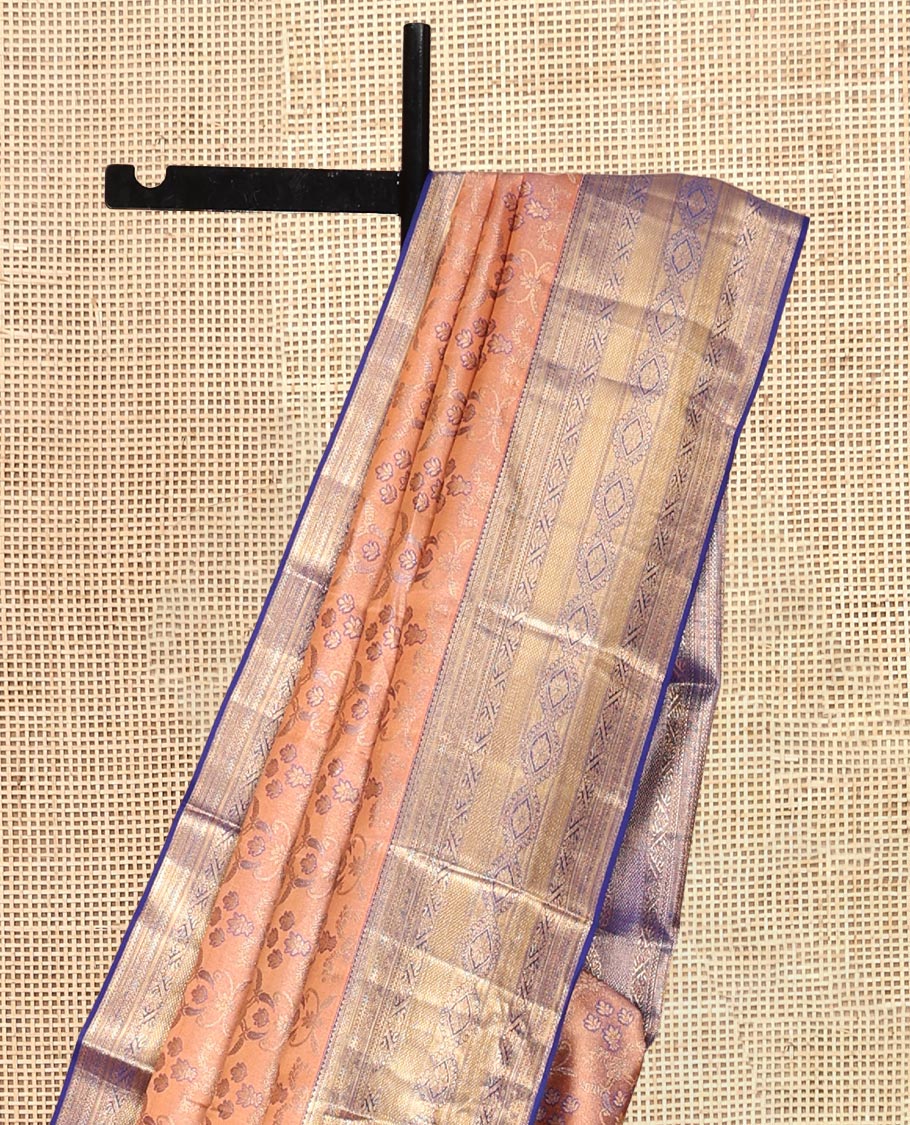 Peach Kanchipuram Wedding Silk Saree, Gracefully Embellished with Jacquard Design, a Contrast Border of Traditional Designs, Grand Pallu, and a Contrast Blouse