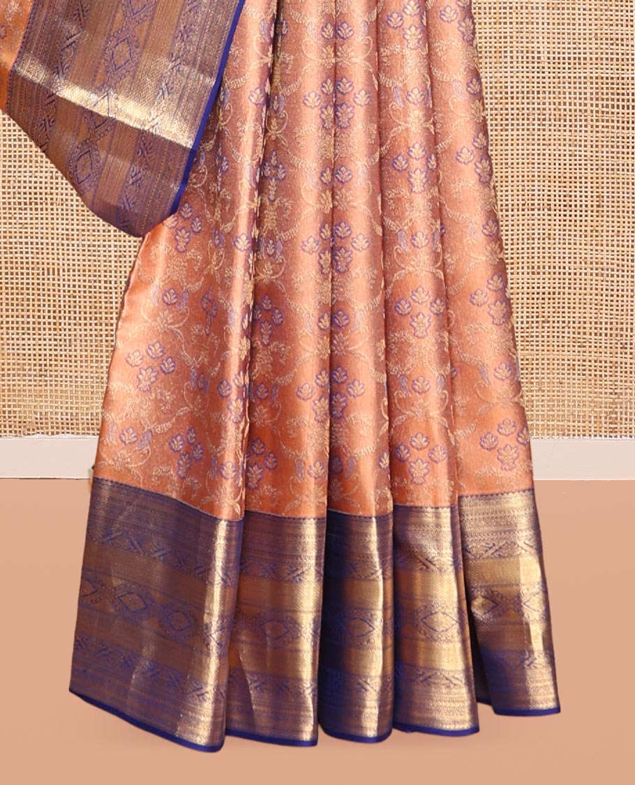 Peach Kanchipuram Wedding Silk Saree, Gracefully Embellished with Jacquard Design, a Contrast Border of Traditional Designs, Grand Pallu, and a Contrast Blouse